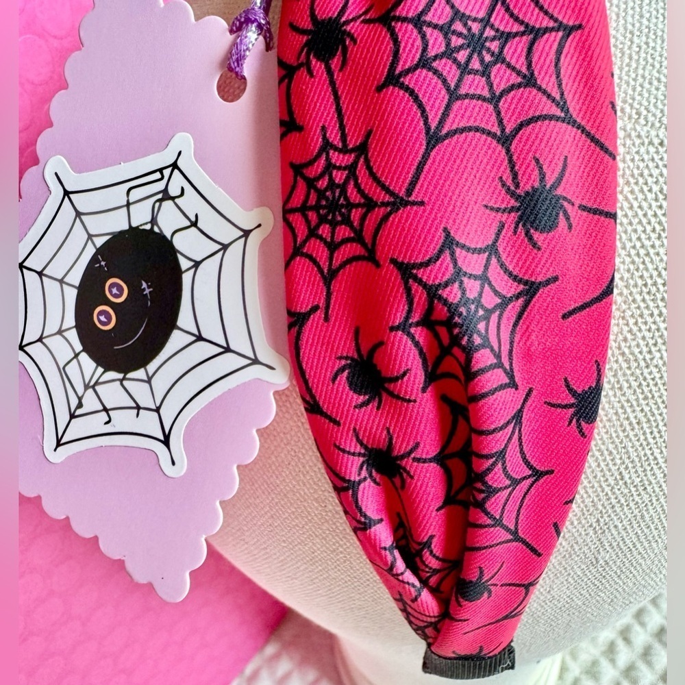 New Halloween Pink & Black Spiders & Webs Fabric Adult Size Knotted Headband - Picture 4 of 7